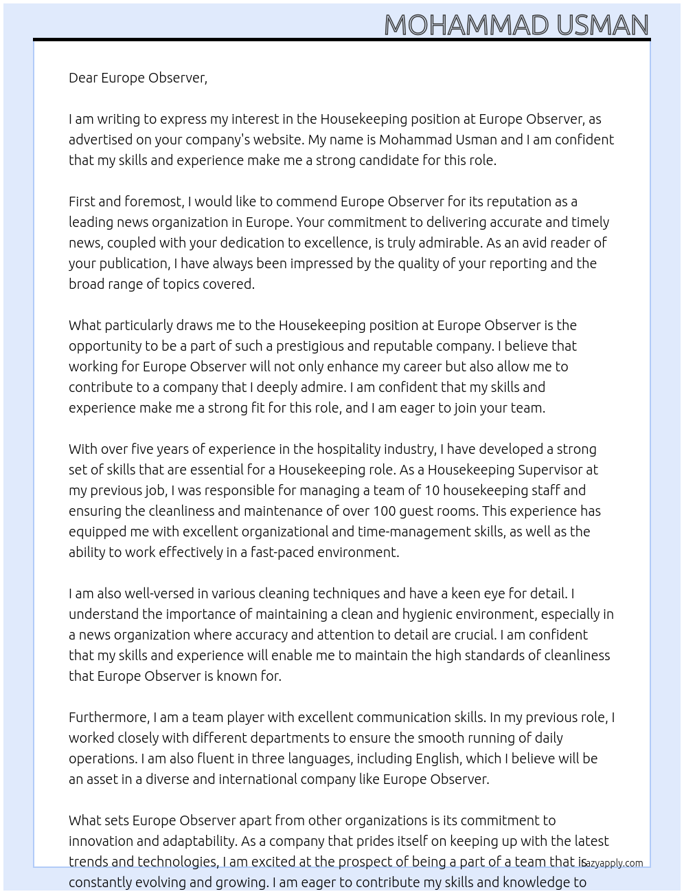 housekeeping At europe observer Cover Letter