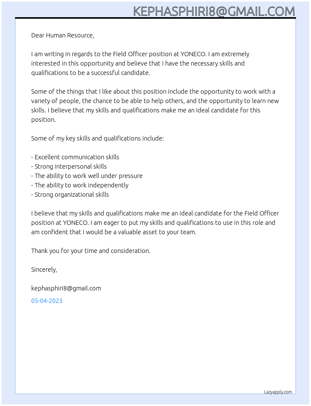 Field officer At YONECO Cover Letter