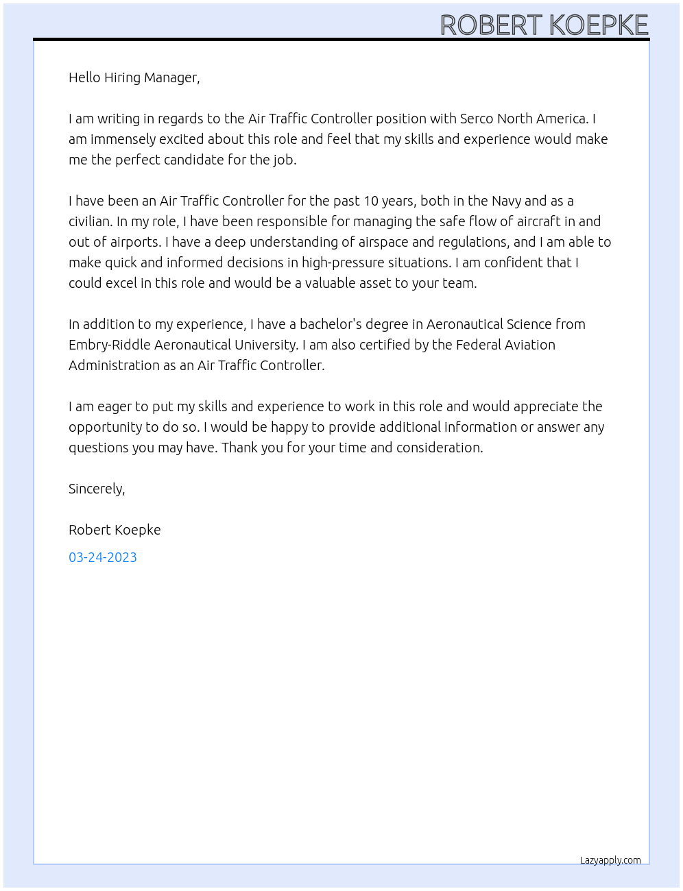 Air Traffic Controller At Serco North America Cover Letter