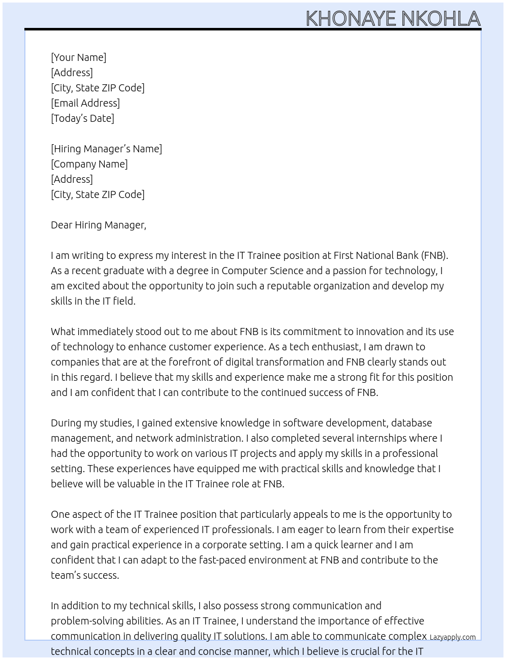 IT Trainee At First National Bank (FNB) Cover Letter