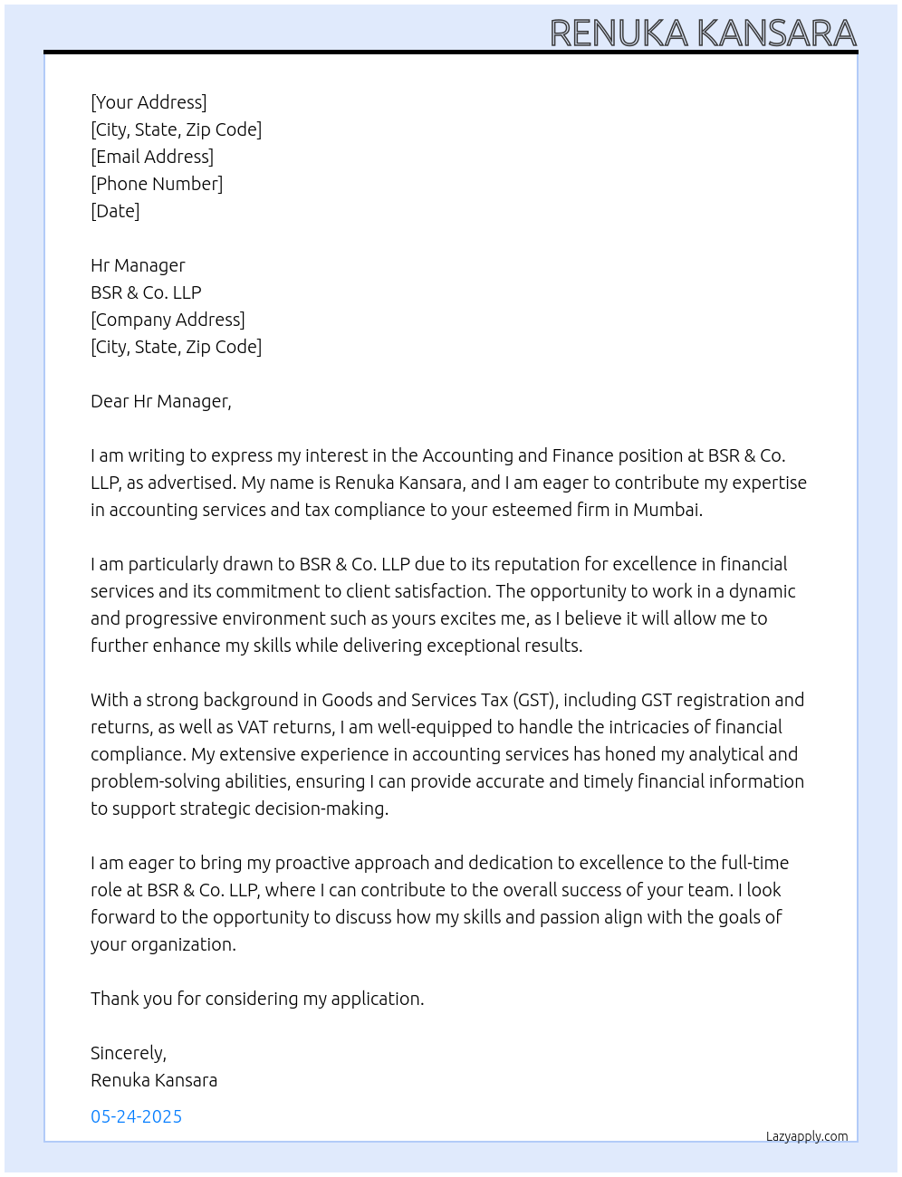 Accounting and Finance At BSR & Co. LLP Cover Letter