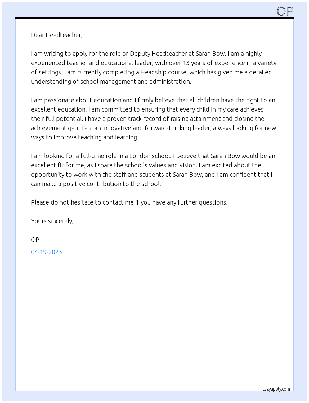 Deputy Headteacher At Sarah Bow Cover Letter