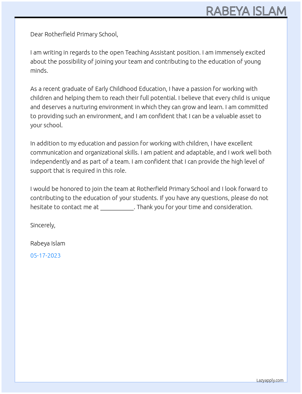 Teaching Assistant At Rotherfield Pmariary School Cover Letter