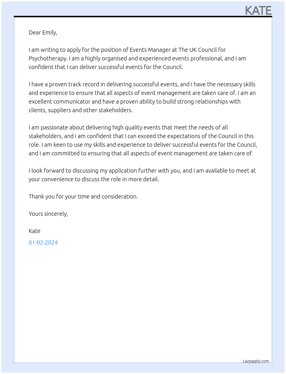 Events Manager At The UK Council for Psychotherapy Cover Letter