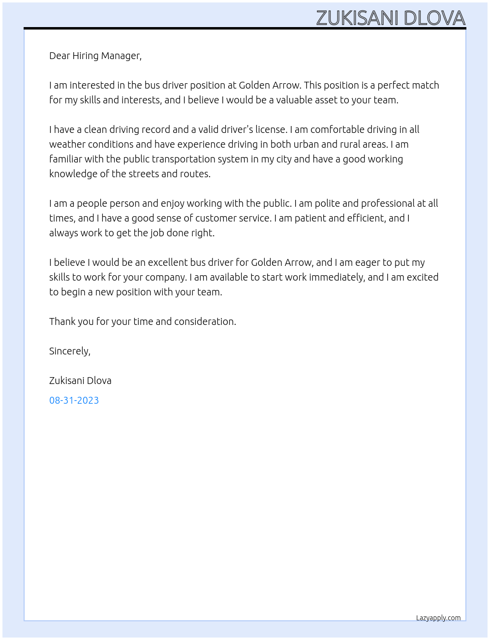 Bus driver At Golden Arrow Cover Letter