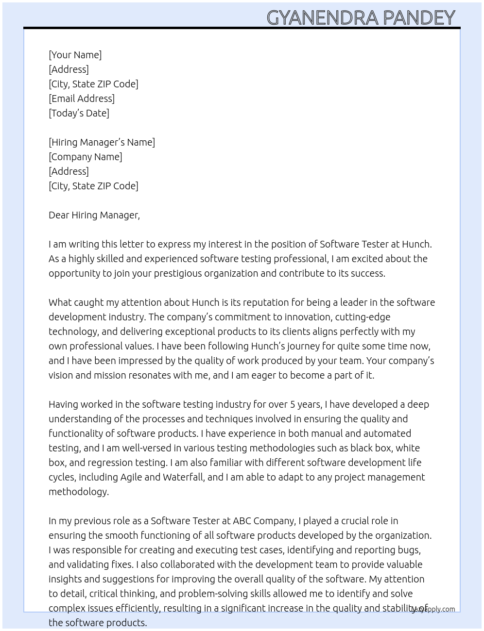 Software Tester At Hunch Cover Letter