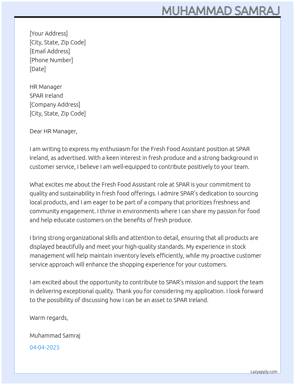 Fresh Food Assistant  At SPAR Ireland Cover Letter