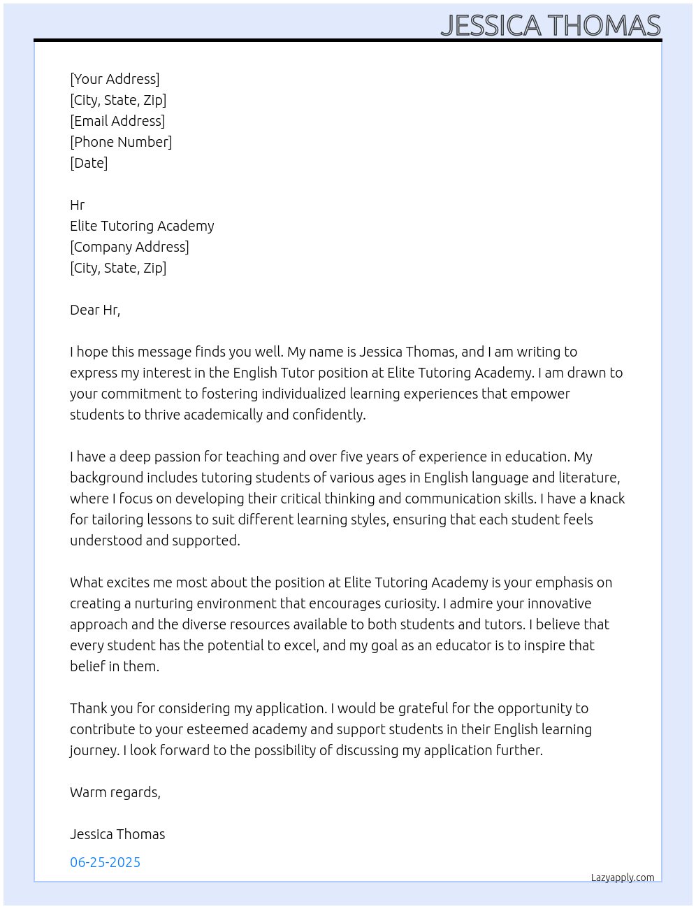 English tutor  At Elite Tutoring Academy  Cover Letter
