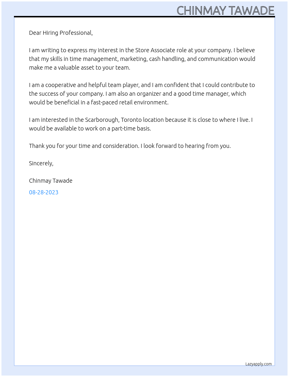 Store Associate At your Company Cover Letter