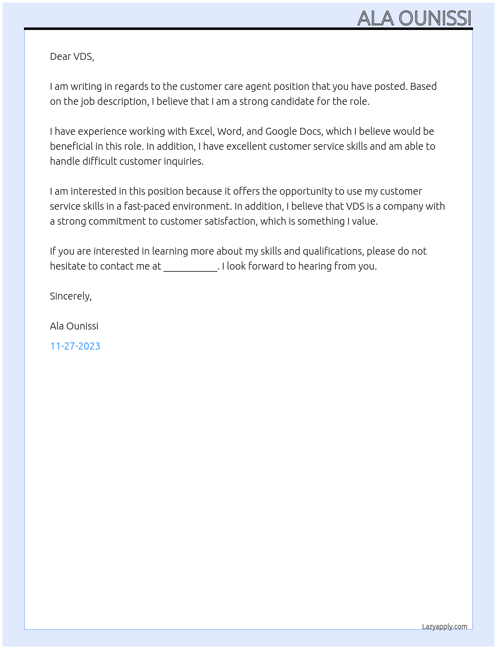 customer care agent At VDS Cover Letter