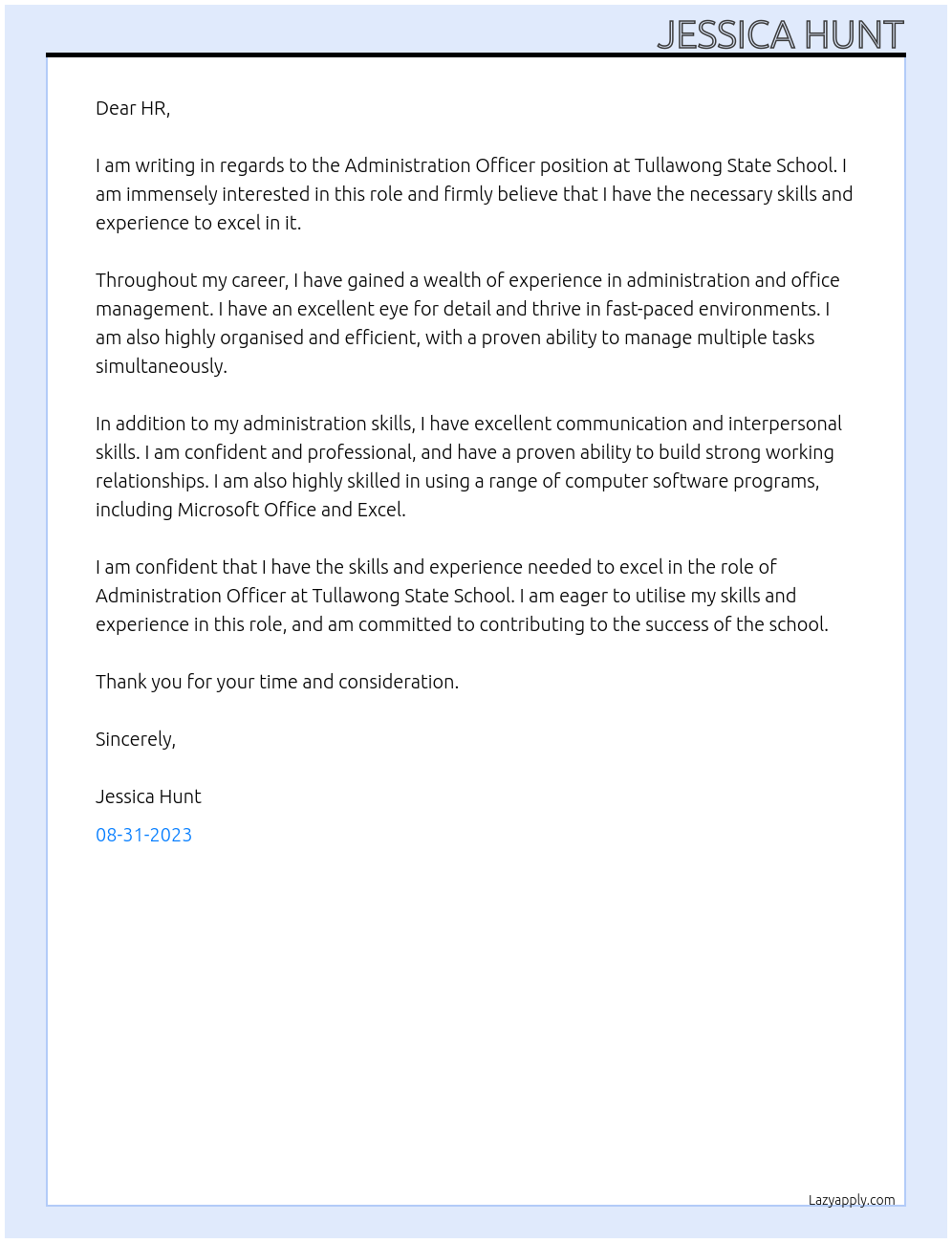 Administration Officer At Tullawong State School Cover Letter