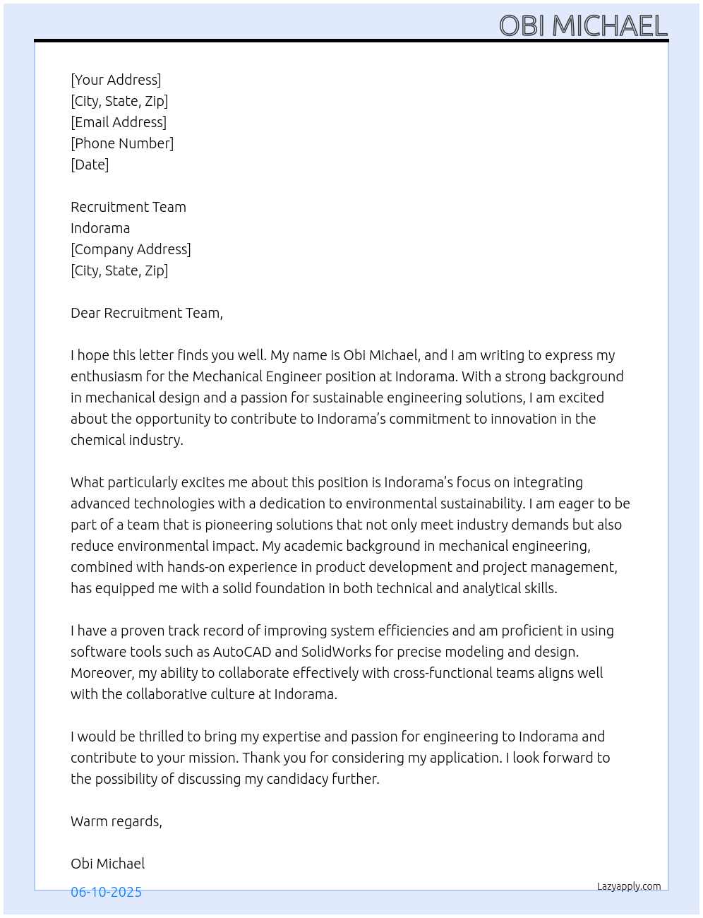 mechanical engineer At indorama Cover Letter