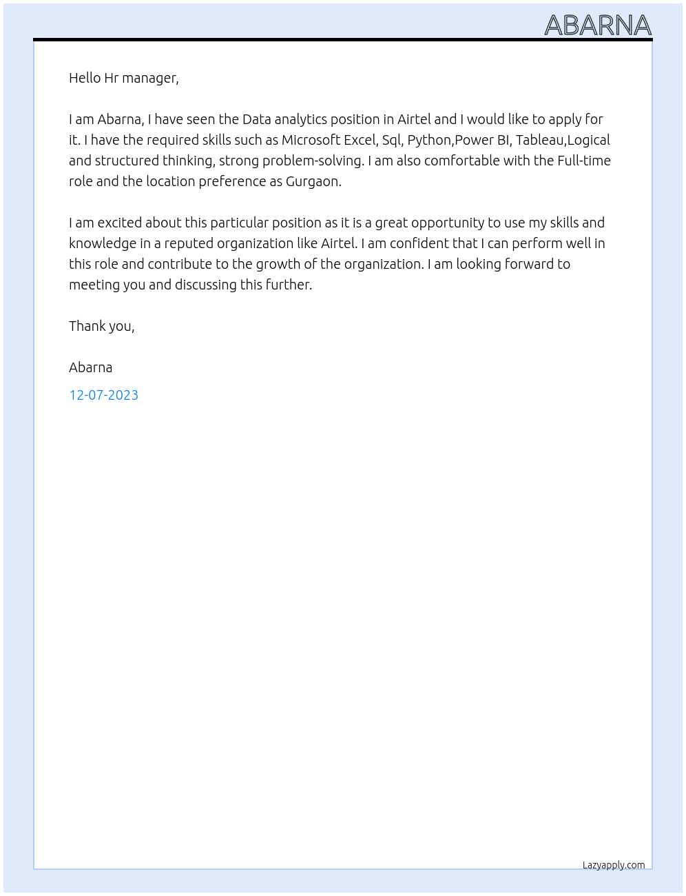 Data analytics At Airtel Cover Letter