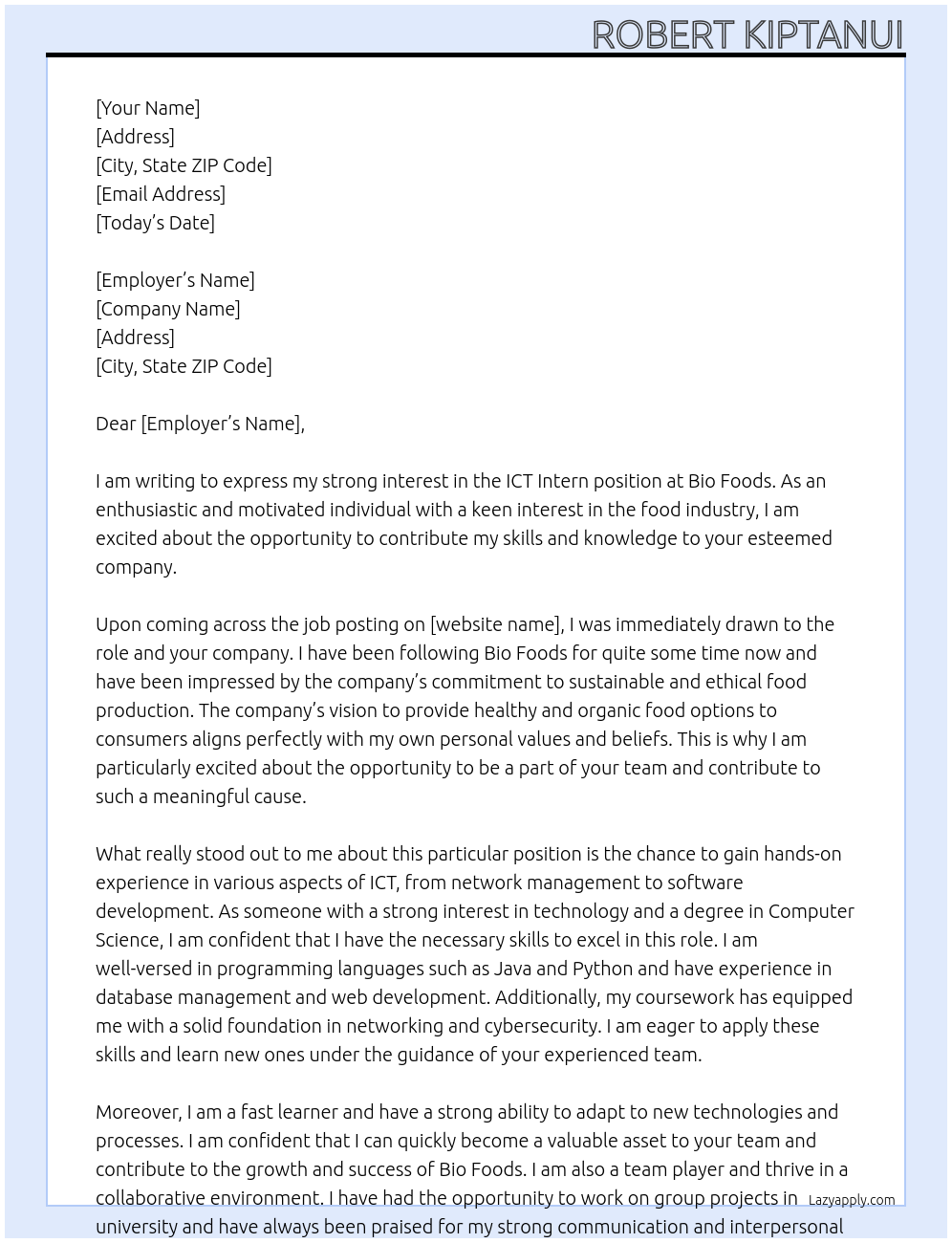 ICT INTERN At BIO FOODS Cover Letter