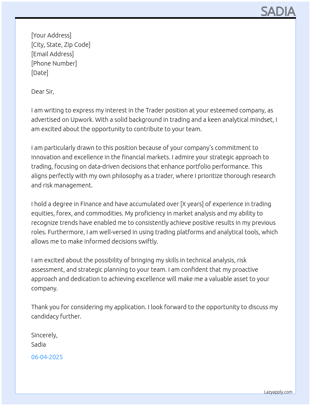 trader At on upwork Cover Letter