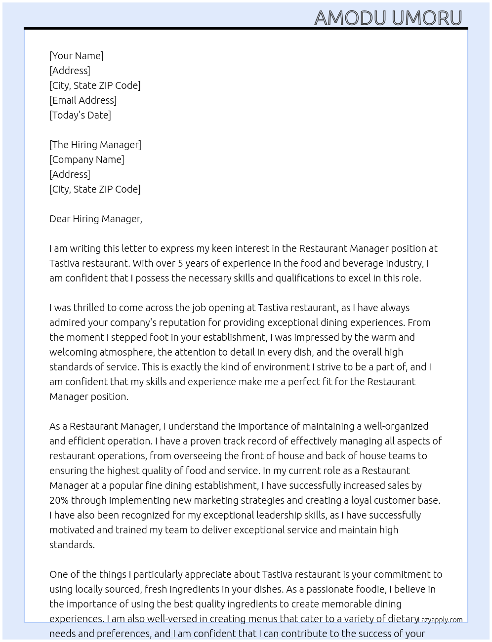 Restaurant Manager At Tastiva restaurant Cover Letter