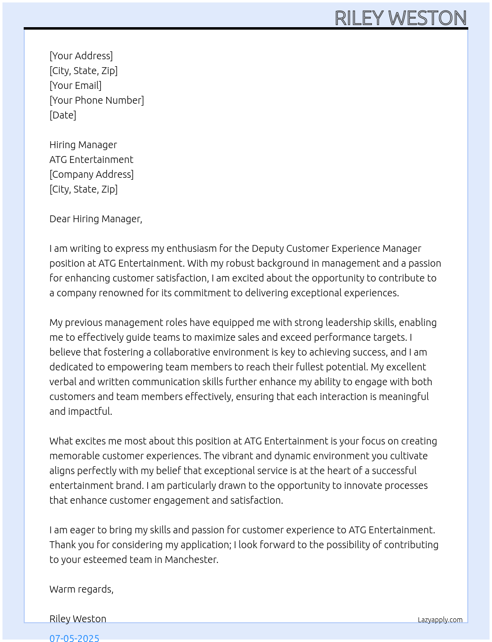 Cover letter for deputy customer experience manager - LazyApply