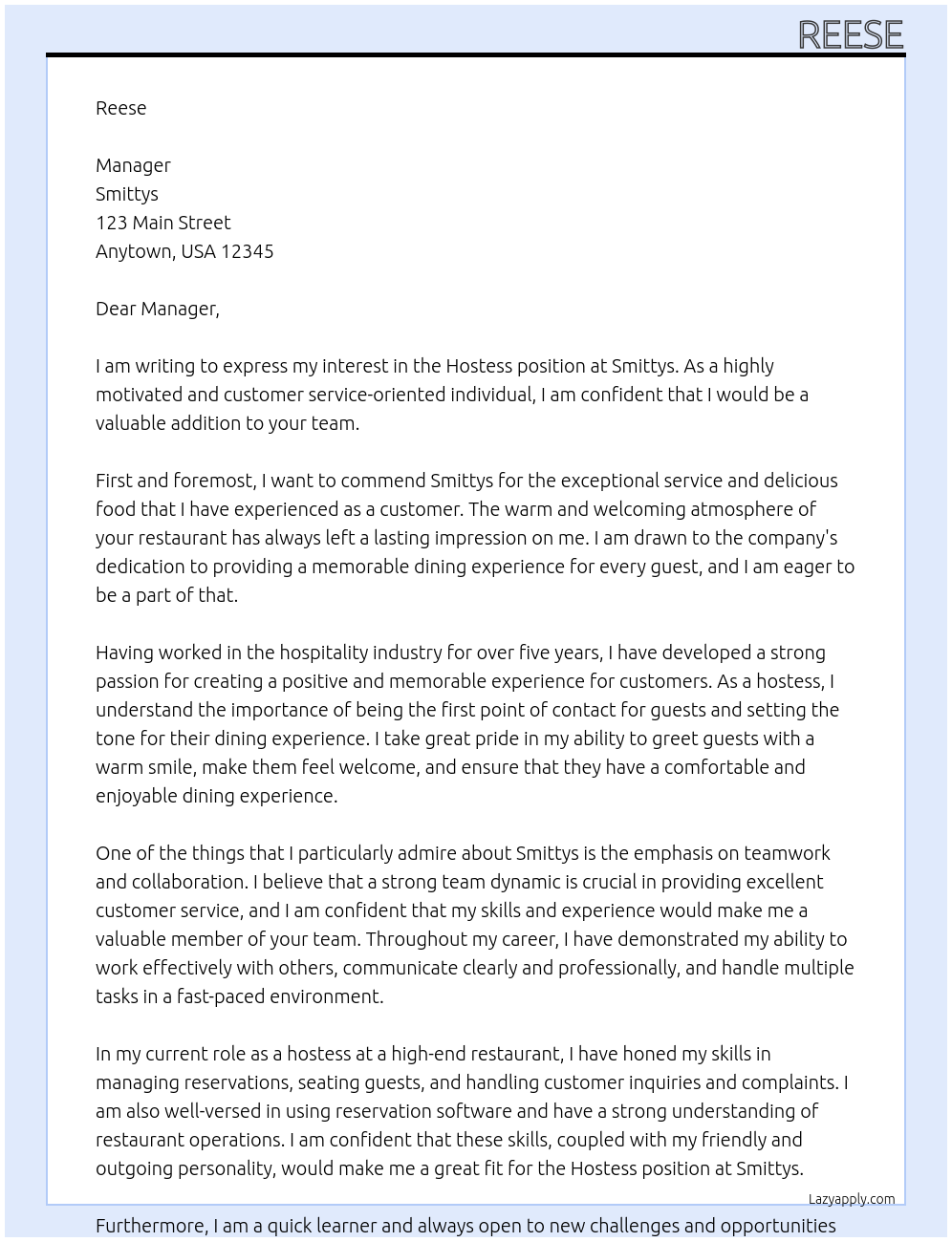 Hostess At Smittys Cover Letter