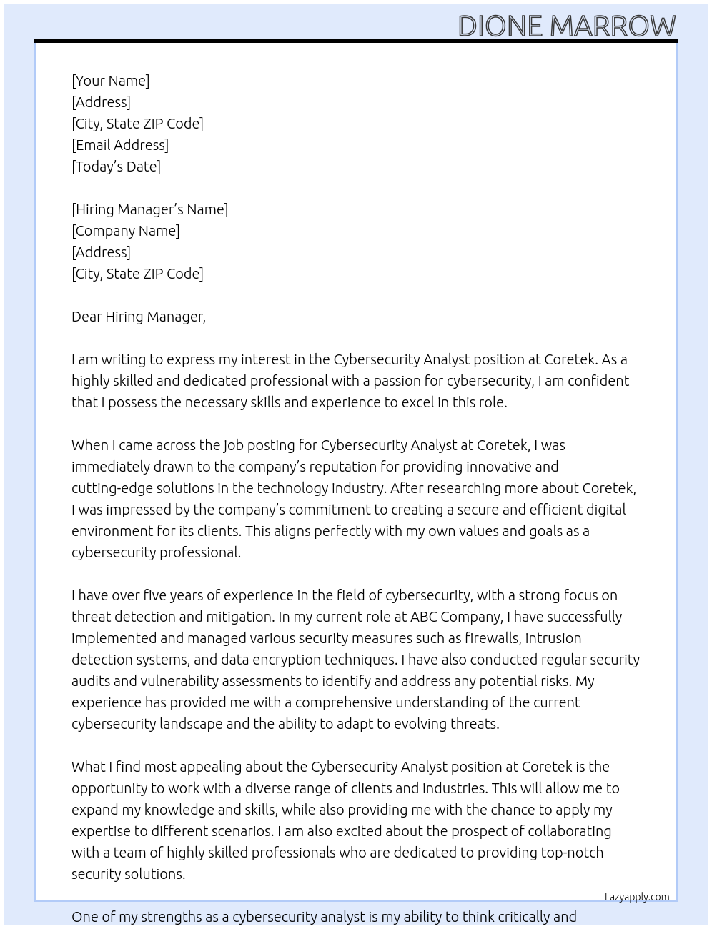 Cybersecurity Analyst At Coretek Cover Letter