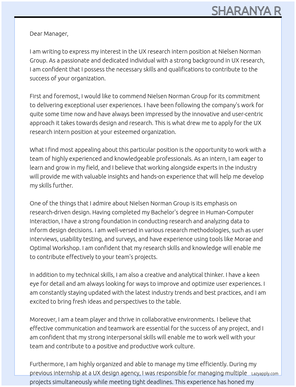 UX research intern At Nielsen norman group Cover Letter