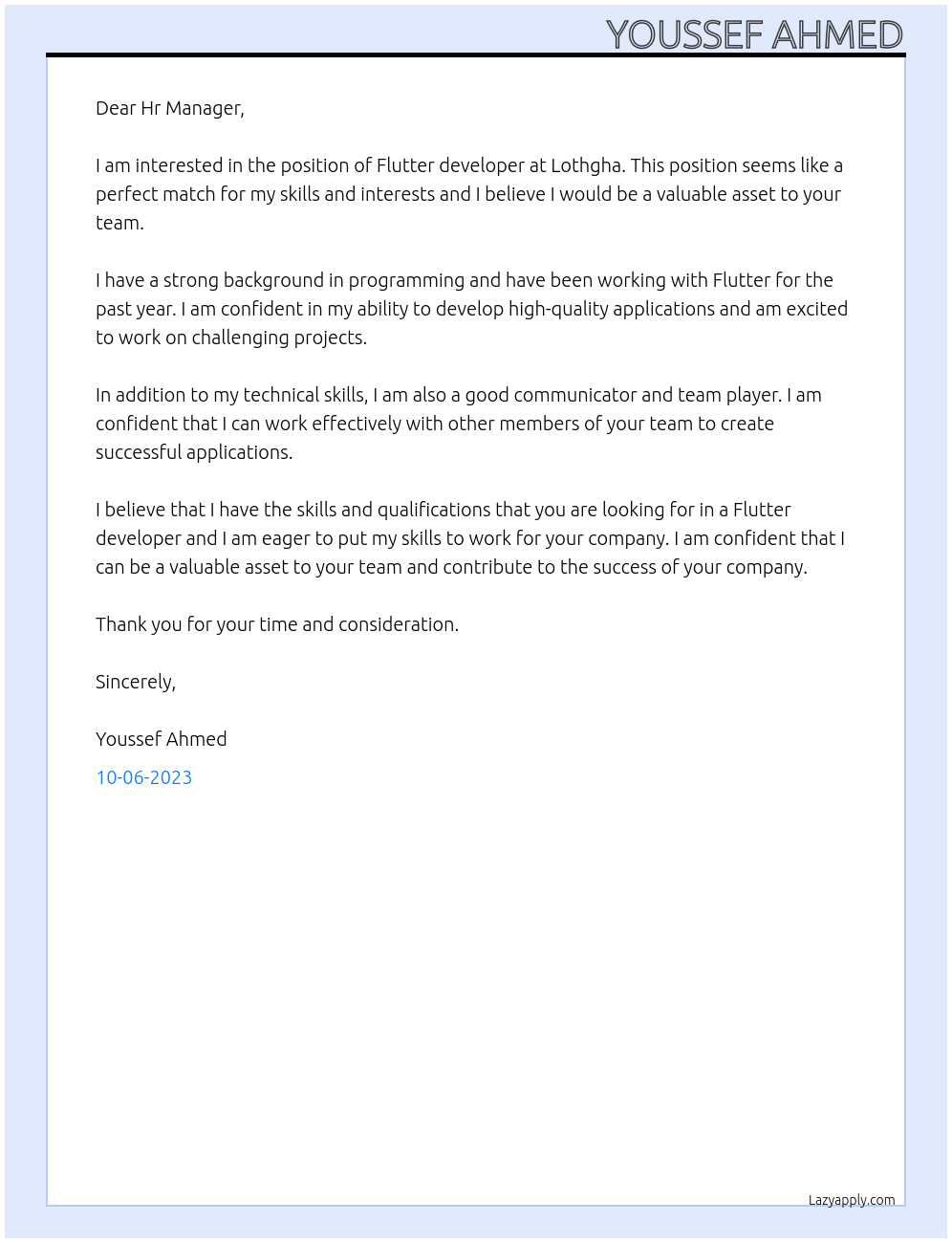 Flutter developer At Lothgha Cover Letter