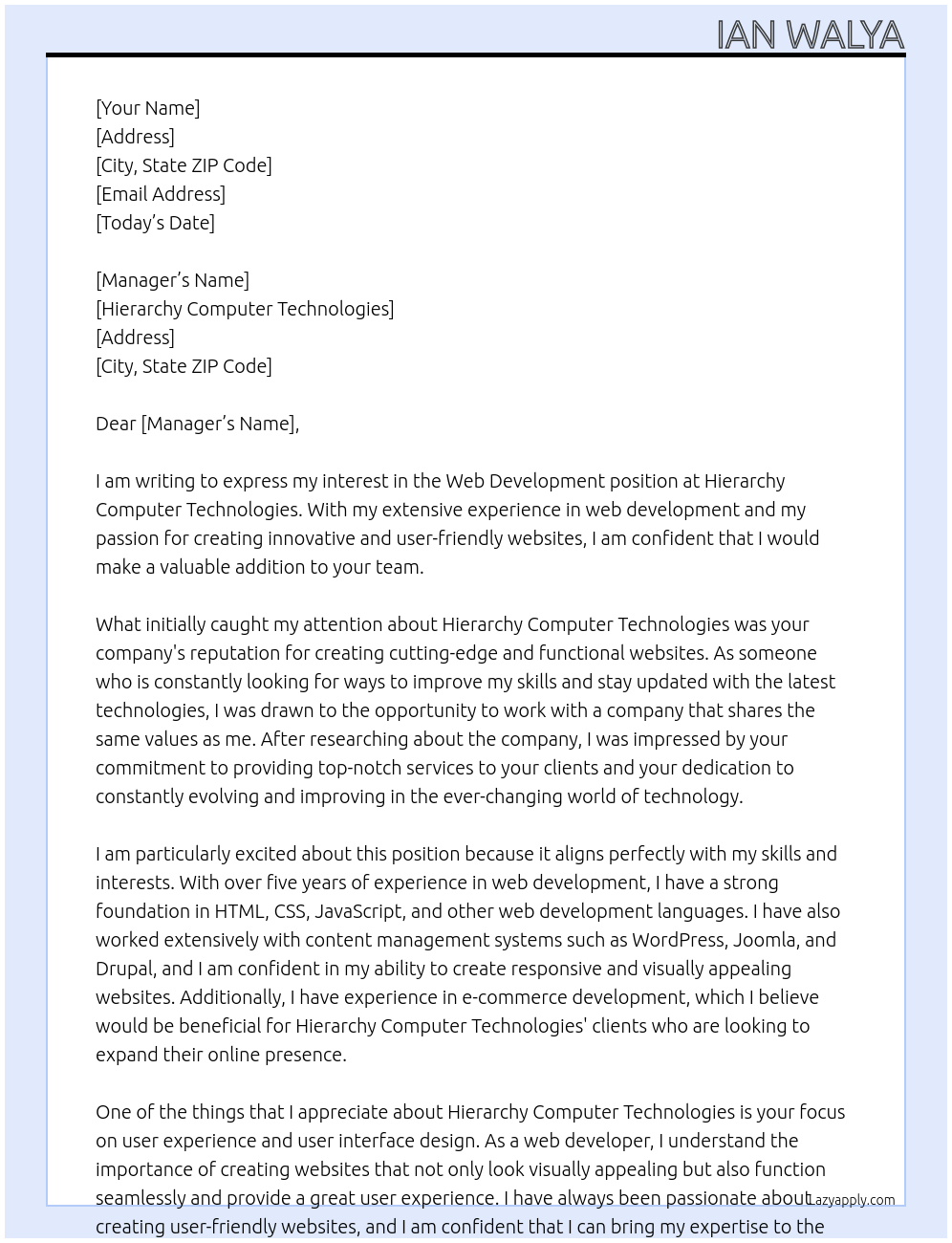 Web development At Hierarchy computer technologies Cover Letter