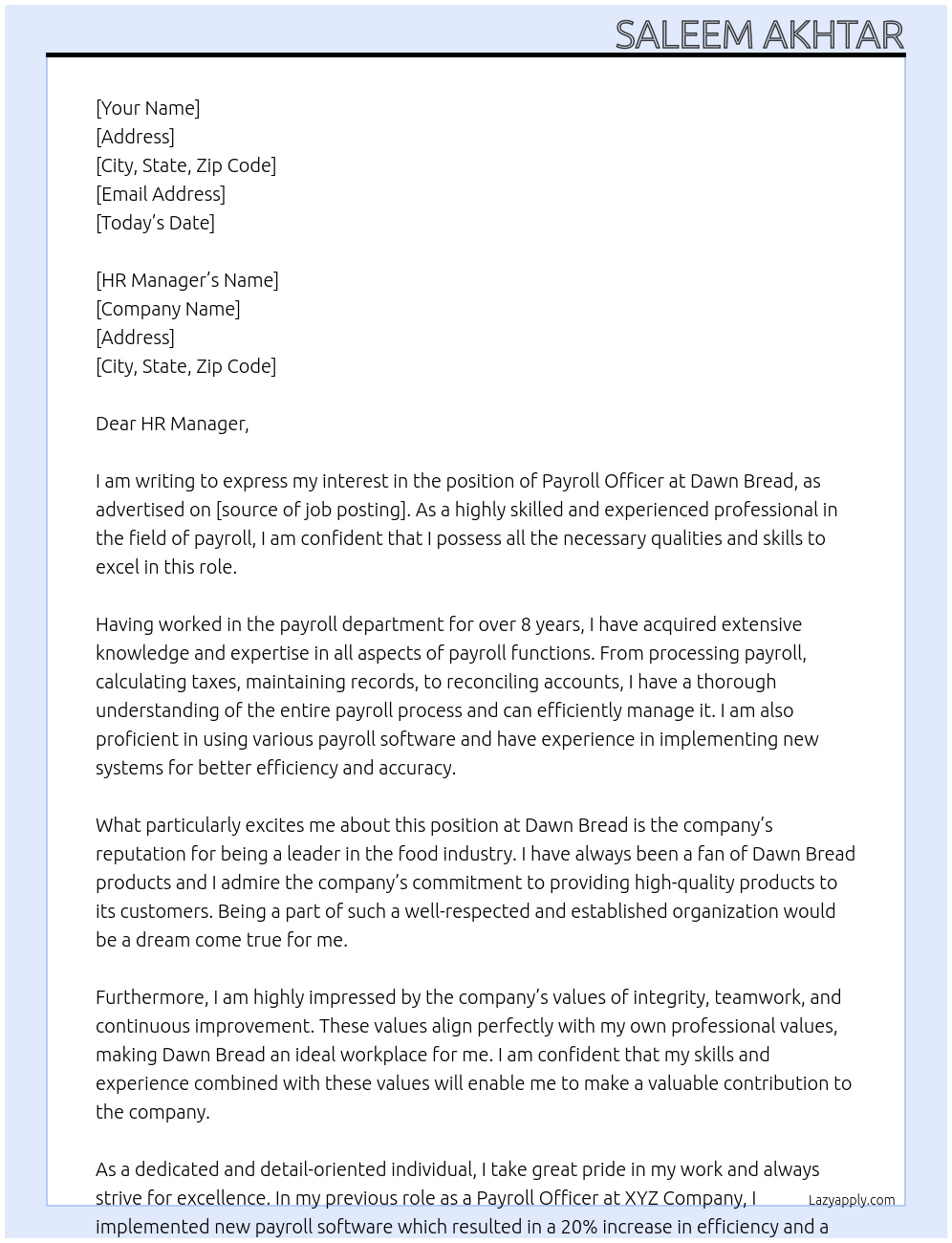 payroll Officer At Dawn Bread Cover Letter