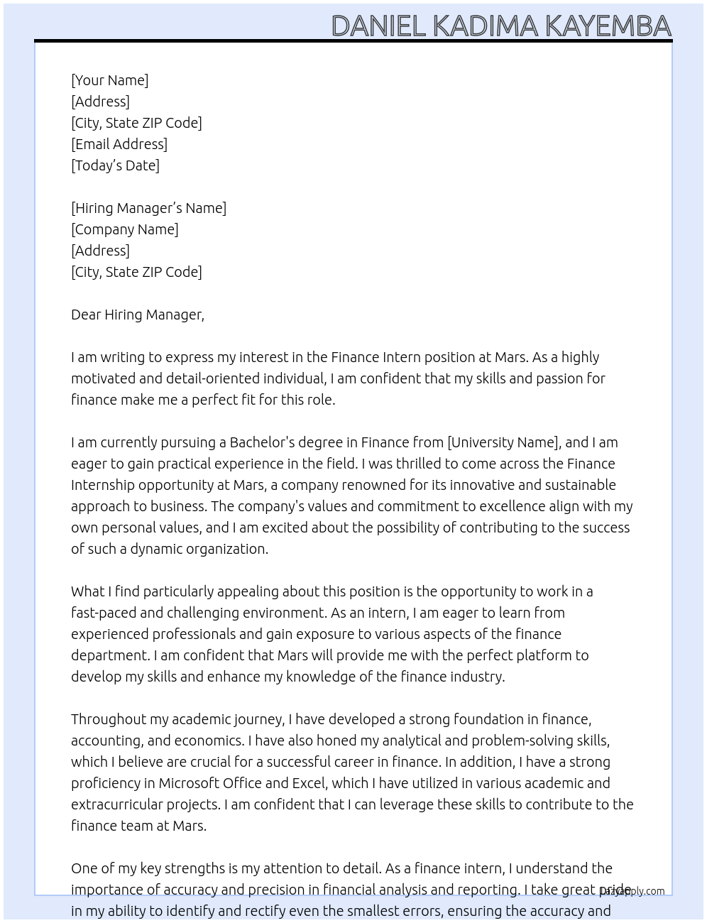 Finance Intern At Mars Cover Letter