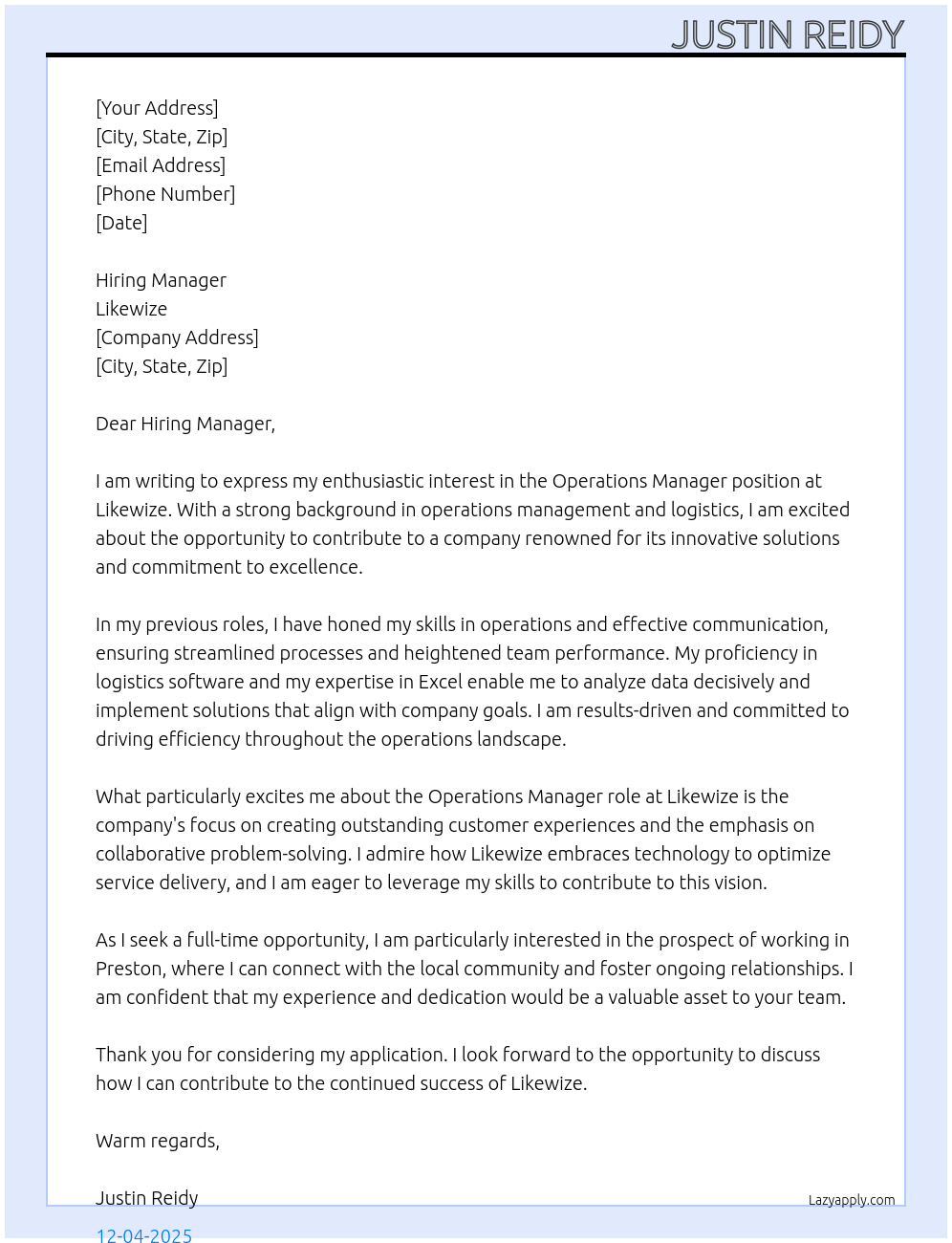 Cover letter for operations manager - LazyApply