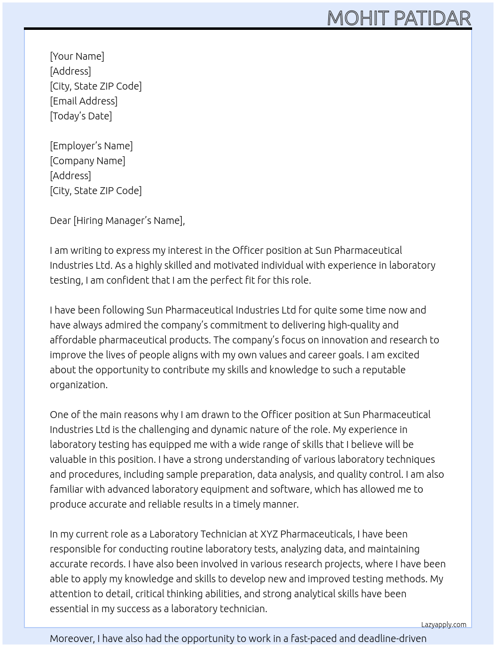 Officer At Sun pharmaceutical Industries Ltd Cover Letter