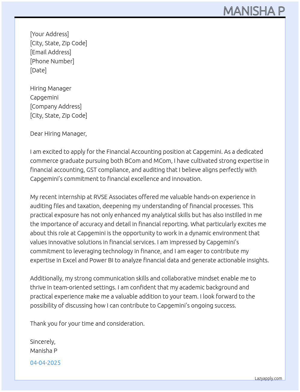 Financial Accounting At Capegemini Cover Letter