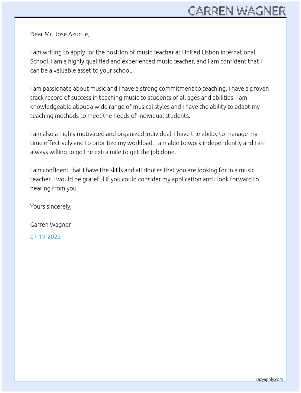 Music Teacher At United Lisbon International School Cover Letter