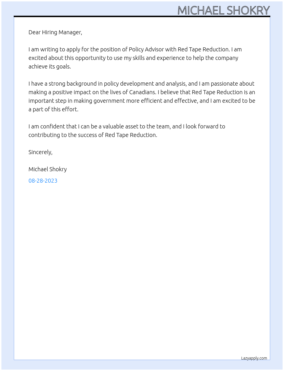 Policy Advisor At Red Tape Reduction Cover Letter