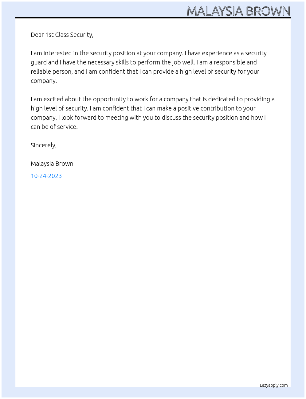 security  At 1st class security  Cover Letter