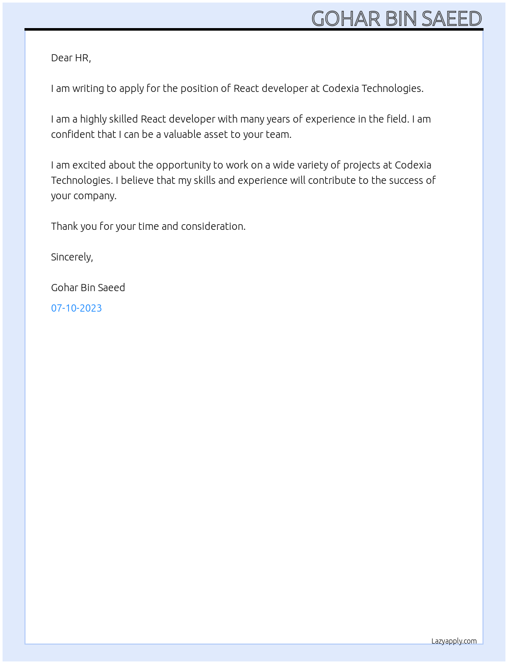 react developer At Codexia technologies Cover Letter