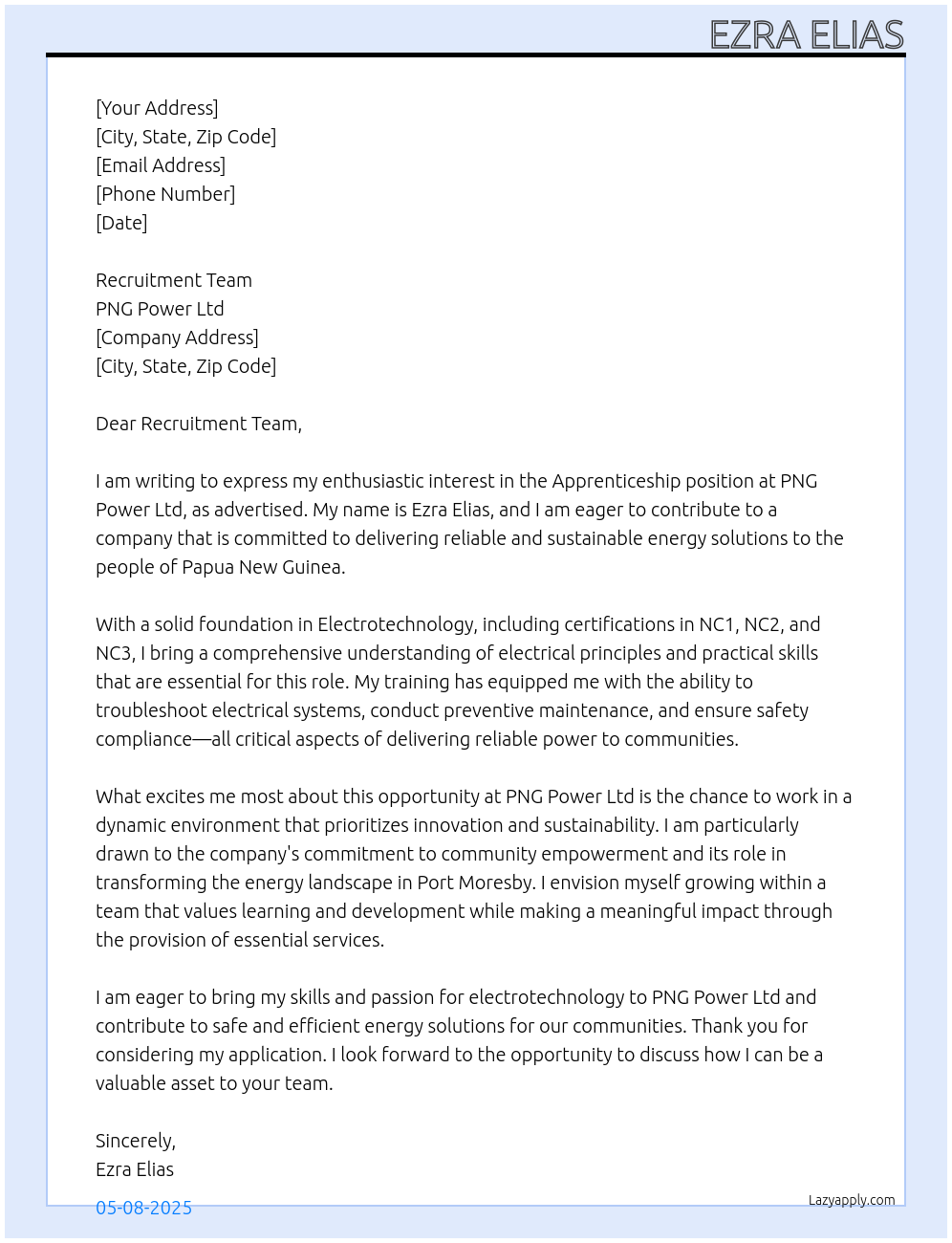 Apprenticeship At PNG Power Ltd Cover Letter
