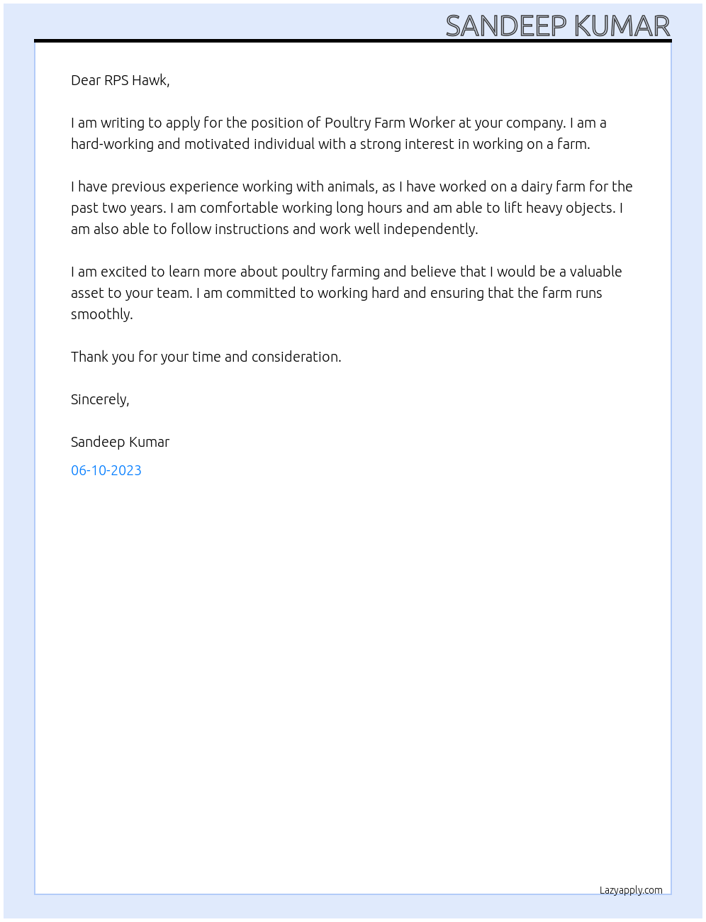 Poultry Farm Worker At  RPS Hawk Cover Letter