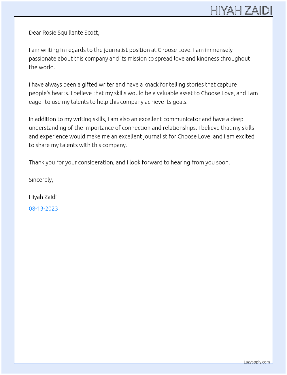 Journalist At Choose Love Cover Letter