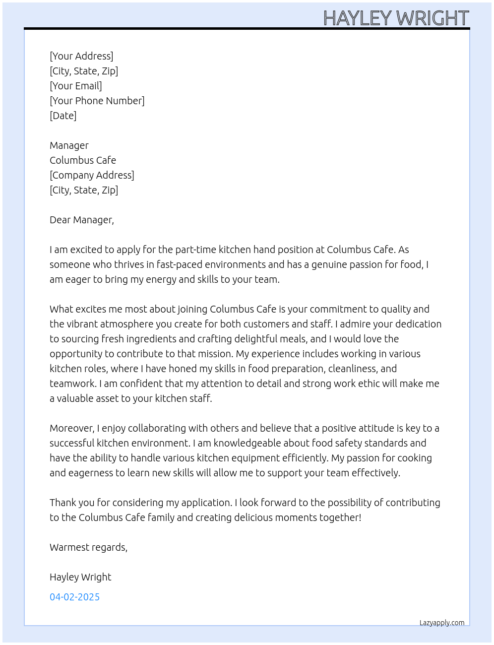 Part time kitchen jand At Columbus Cafe Cover Letter