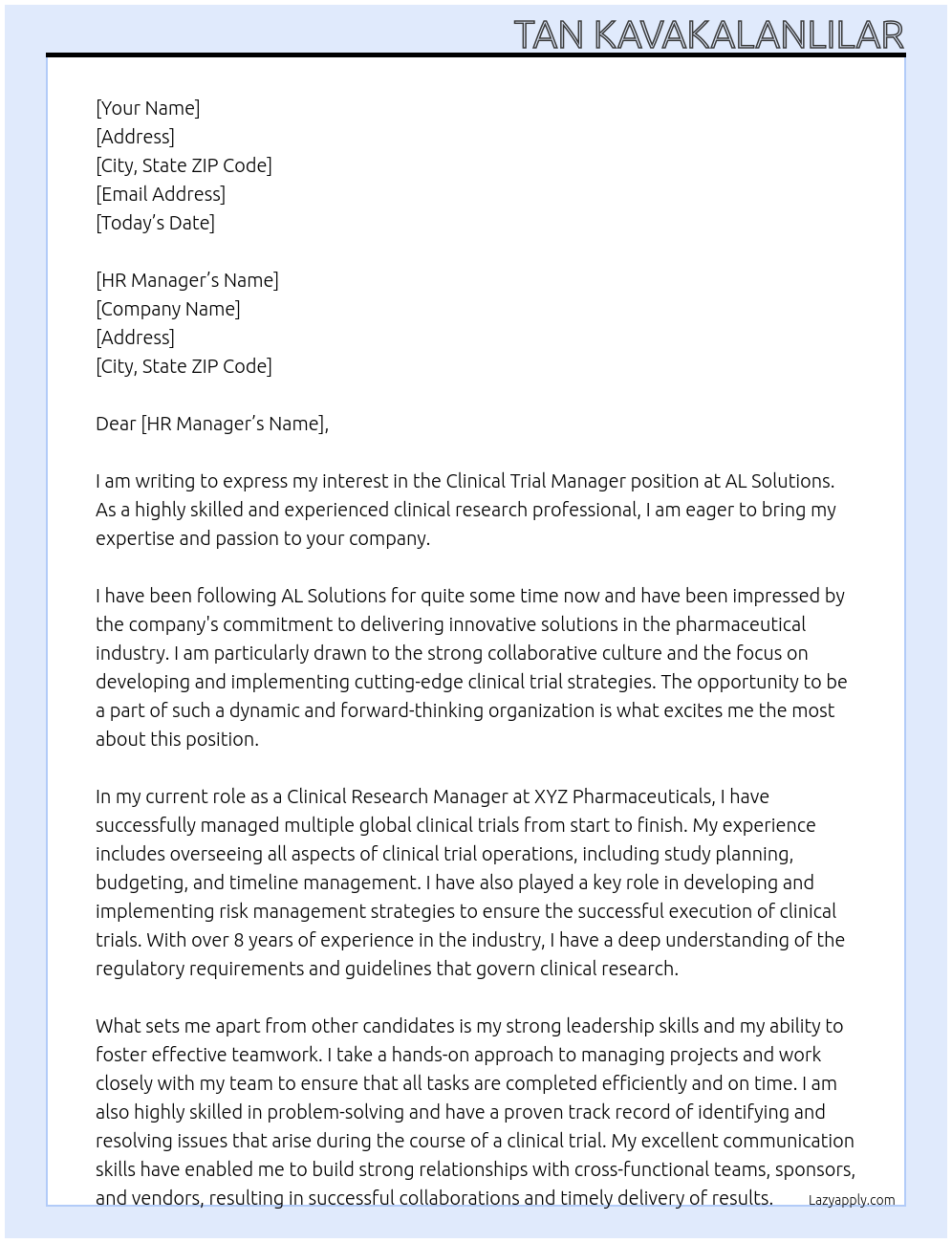 Clinical Trial Manager At AL Solutions Cover Letter