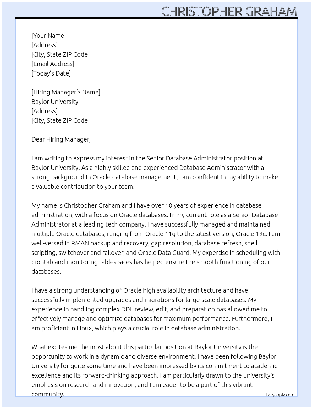 Senior Database Administrator At Baylor University Cover Letter
