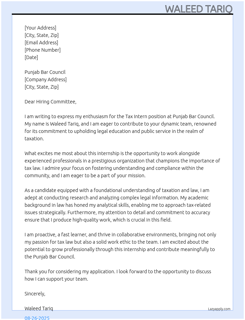 Cover letter for tax intern - LazyApply
