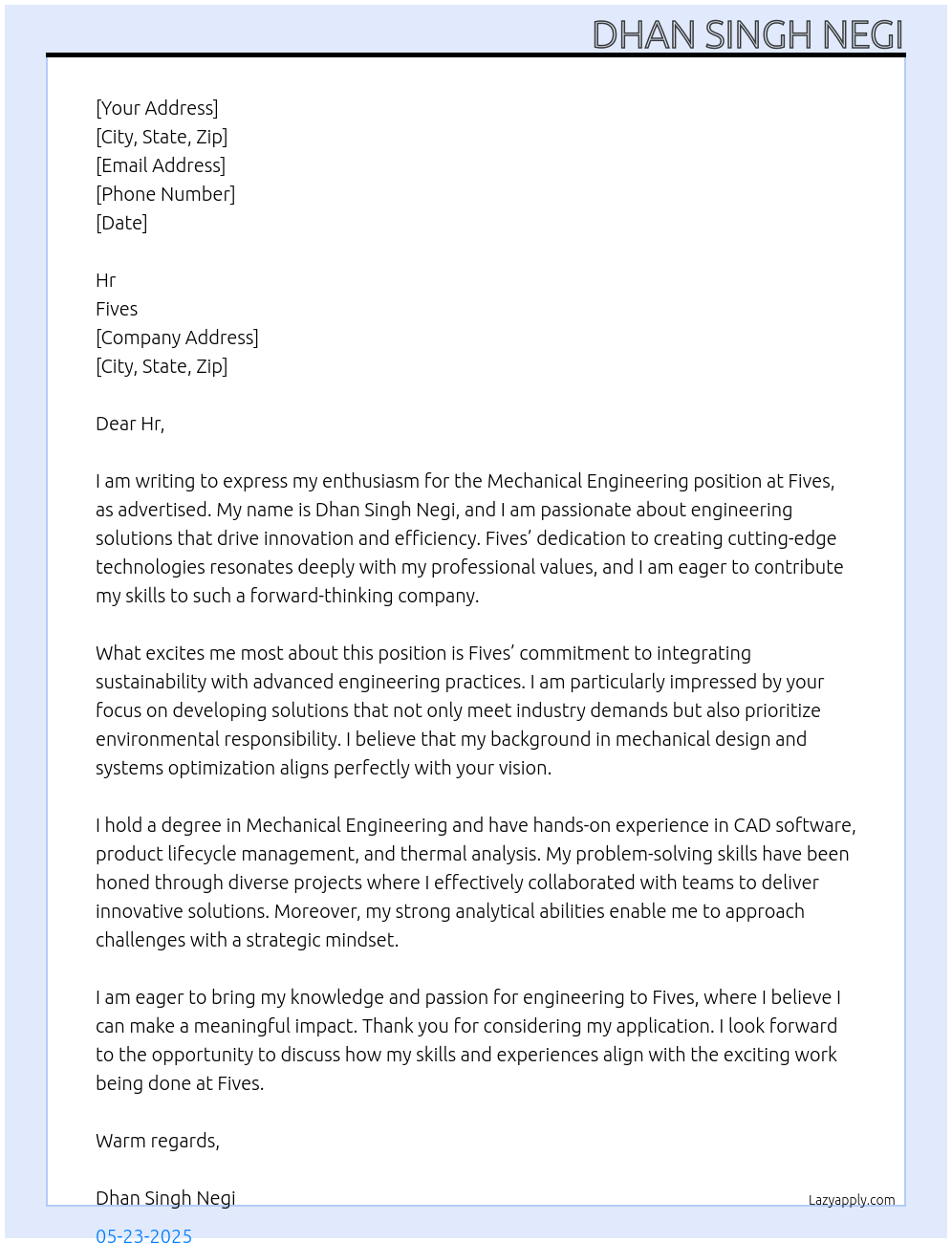 Mechanical Engineering At Fives Cover Letter