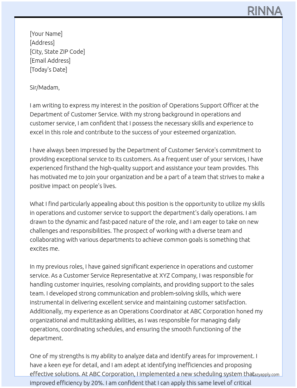 Operations Support Officer At Department of Customer Service Cover Letter