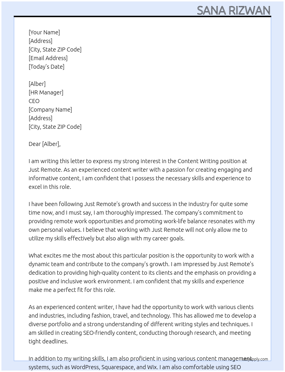 Content writing At Just remote Cover Letter