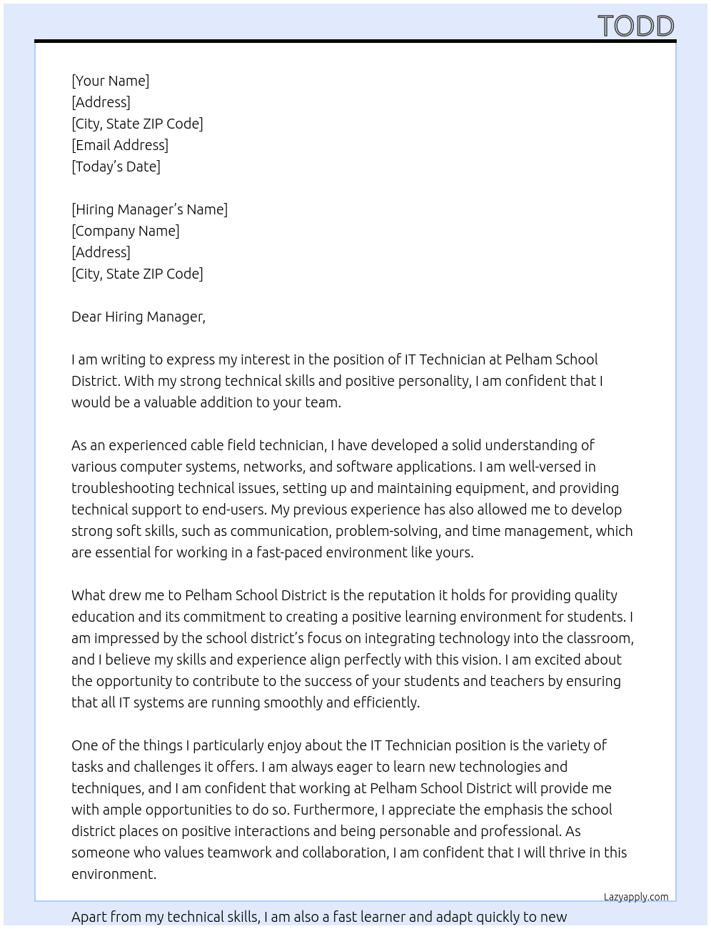 IT Technician At Pelham School District Cover Letter