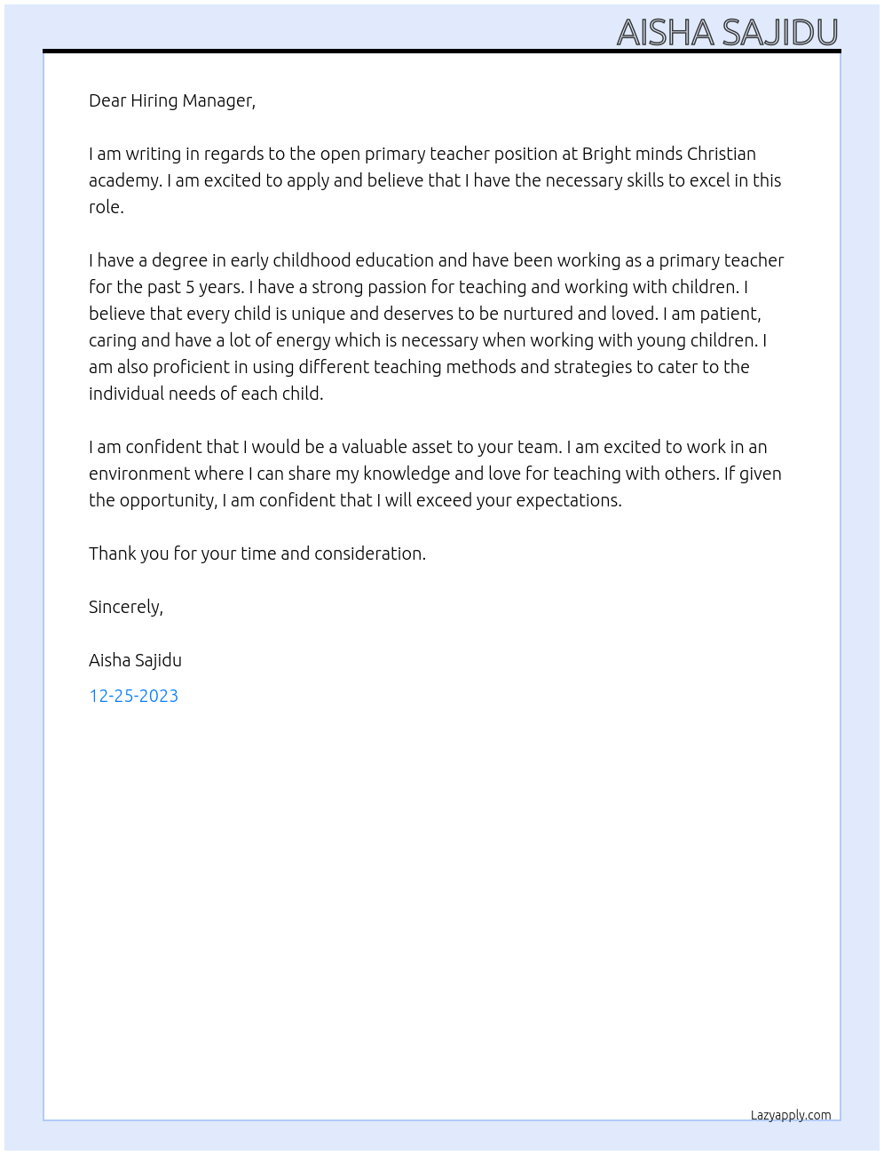 Primary teacher At Bright minds Christian academy Cover Letter