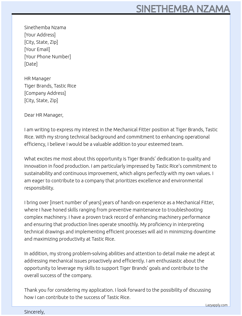 Mechanical Fitter At Tiger Brands, Tastic Rice Cover Letter