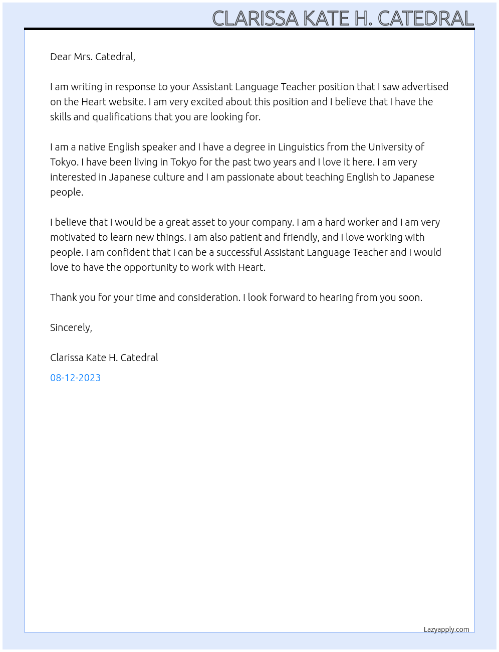 Assistant Language Teacher At Heart Cover Letter