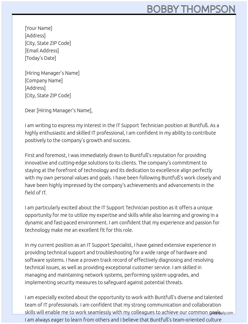 IT Support Technician At Buntfuß Cover Letter